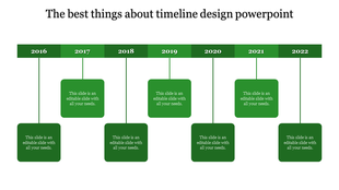 Green themed timeline featuring a horizontal bar with years 2016 to 2022, each connected to green square sections.