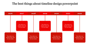 Minimalist timeline with a red horizontal banner labeled from 2016 to 2022, each linked to red square placeholders.