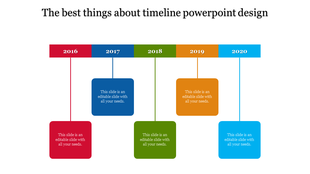Timeline design PPT slide with red, blue, green, orange, and blue blocks for the years 2016 to 2020 with placeholder text.