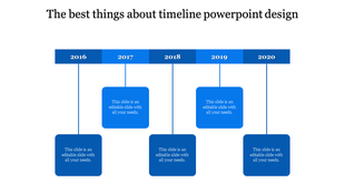 Timeline design slide showcasing milestones from 2016 to 2020 with blue labeled boxes.