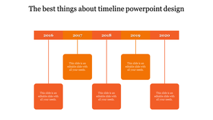Timeline PowerPoint slide with orange blocks for the years 2016 to 2020, each featuring text captions.