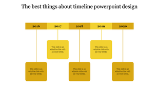 Timeline featuring a horizontal bar with years 2016 to 2020, each connected to yellow square sections for captions.