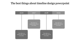 Grayscale timeline design with a clean layout, featuring four milestone markers, and hanging text descriptions.