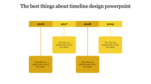 Timeline PowerPoint slide with yellow blocks for 2016 to 2019, labeled with years and captions.