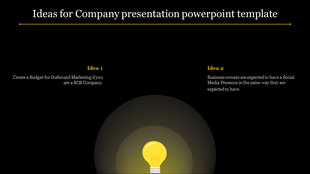 Minimalist slide with a black theme, yellow light bulb graphic at the bottom, and two business related idea sections.