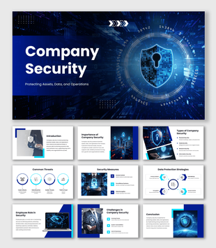 Company Security PowerPoint Templates with blue cyber theme, shield icon, data visuals, icons, and shapes layout design.