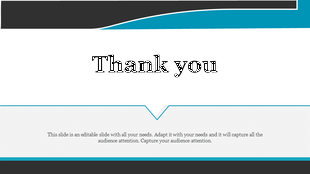 White slide with centered thank you text, featuring blue and black accents at the top and bottom for a professional look.