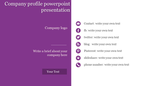 Company profile slide with a purple and white split layout, and a white section with icons for contact details.