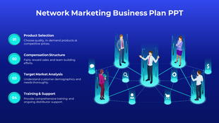Network marketing business plan slide showcasing key components on a blue theme.