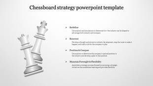 Chess themed strategy slide with two white chess pieces on the left and four business planning principles on the right.