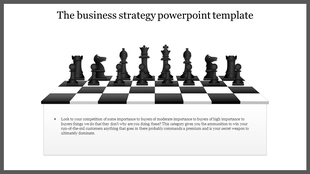 Chess pieces on a board in a business strategy PowerPoint slide, representing competitive analysis and planning.
