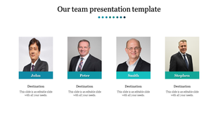 Team introduction slide with four professional headshots labeled with names and placeholders below.