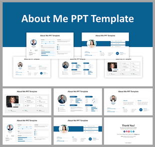 About me slides featuring professional layouts for a personal introduction, experience, and skills.