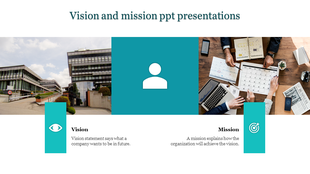Vision and mission concept visual featuring a central user icon flanked by images of a building and a team discussion.