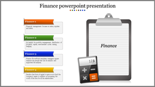 Financial management infographic featuring a structured list with finance categories and a clipboard illustration.