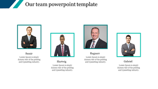 Team introduction slide with four professional headshots, each framed in teal, featuring names and descriptions.