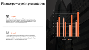 Finance slide with a dual colored bar chart on a dark cityscape background and two text sections on the left white area.