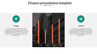 Financial template featuring a bar graph in the center with orange bars and text sections on either side with green icons.