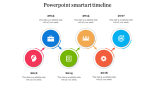 Six colorful circular icons with years 2012 to 2017, each connected by small arrows in matching colors.