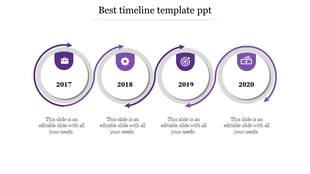 Sequence of four circular icons in purple and gray, connected by arrows, representing years 2017 to 2020.