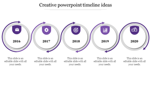 Timeline with five circular icons for years 2016 to 2020, in purple accents, each with captions below.
