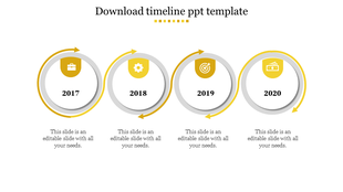 Timeline design with four circular sections, each numbered and symbolized, in yellow and gray, from 2017 to 2020.
