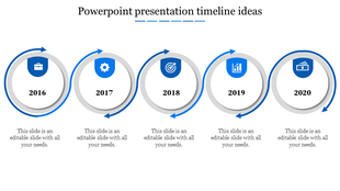 Horizontal timeline with five circular arrow icons from 2016 to 2020, each containing a blue symbol and caption area below.