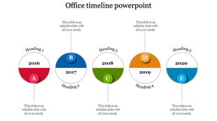 Minimalist timeline design with five connected year markers, each in a semi-circle layout with a floating letter label.