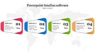 Timeline software template featuring four numbered steps in red, blue, green, and yellow shapes with descriptions.