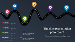 Curved road timeline with six numbered location markers in different colors, linked to captions on a dark background.