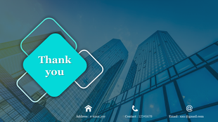 Corporate thank you slide with a city skyline backdrop, blue diamond elements, and contact icons at the bottom.