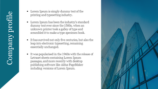 Professional company profile layout with a bold sidebar title, structured text content, and an urban glass tower backdrop.