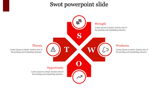 SWOT slide with red diamond layout, circular icons for each element, and corresponding descriptions on white background.