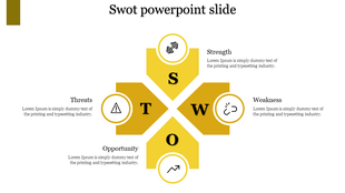 Business SWOT analysis slide with a geometric cross design, white text, and icons representing key factors.