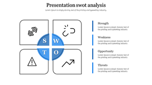 SWOT analysis diagram with a blue circular center dividing four black-outlined quadrants, each containing an icon.
