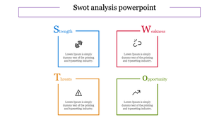 SWOT template with structured square segments in blue, red, green, and orange, representing key strategic factors.