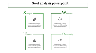 Green themed SWOT analysis slide with outlined squares, featuring bold titles, and centered icons for each category.