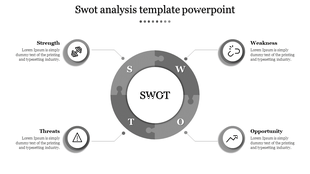 Monochrome SWOT template with a circular layout, featuring icons, and text areas for each element.