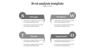 SWOT matrix design featuring four gray ribbon style sections with bold initials, category titles, and placeholder text.