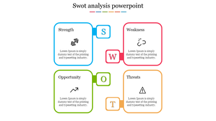 SWOT analysis template with four colorful bordered boxes in blue, red, green, and orange, each with icons.
