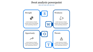 Slide layout featuring four blue boxes for SWOT analysis, each with an icon and space for descriptive text.