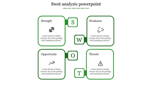 SWOT analysis PowerPoint slide with four green quadrants each containing an icon and placeholder text on a white backdrop.