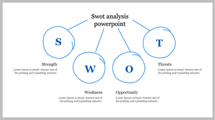 SWOT analysis PowerPoint template with four blue circular sections labeled Strength, Weakness, Opportunity, and Threats.