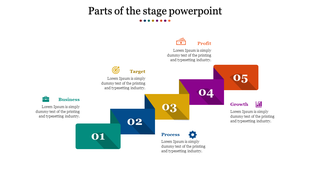 Stepped business infographic with 5 color coded blocks, numbered stages and descriptive icons with captions areas.