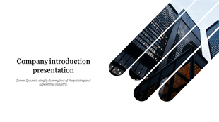 Modern company introduction slide with skyscraper image sliced diagonally and text on the left, set on a white background.