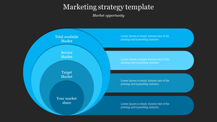 Dark background with concentric circles in blue shades on the left and matching rectangular bars aligned on the right.