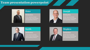Corporate team introduction slide displaying four professionals with names, titles, and descriptions in a structured format.