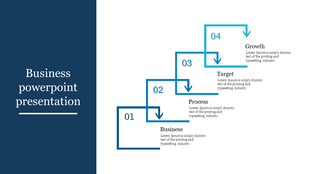 Stepwise business plan diagram featuring a blue staircase design with four levels, each labeled with a number and stage.