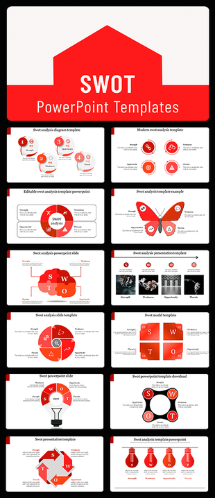 Collection of SWOT analysis slides featuring various designs and layouts, including diagrams and examples with icons.