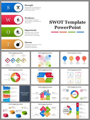 Business SWOT analysis slides featuring colorful SWOT templates in various formats, such as lists, diagrams, and flowcharts.